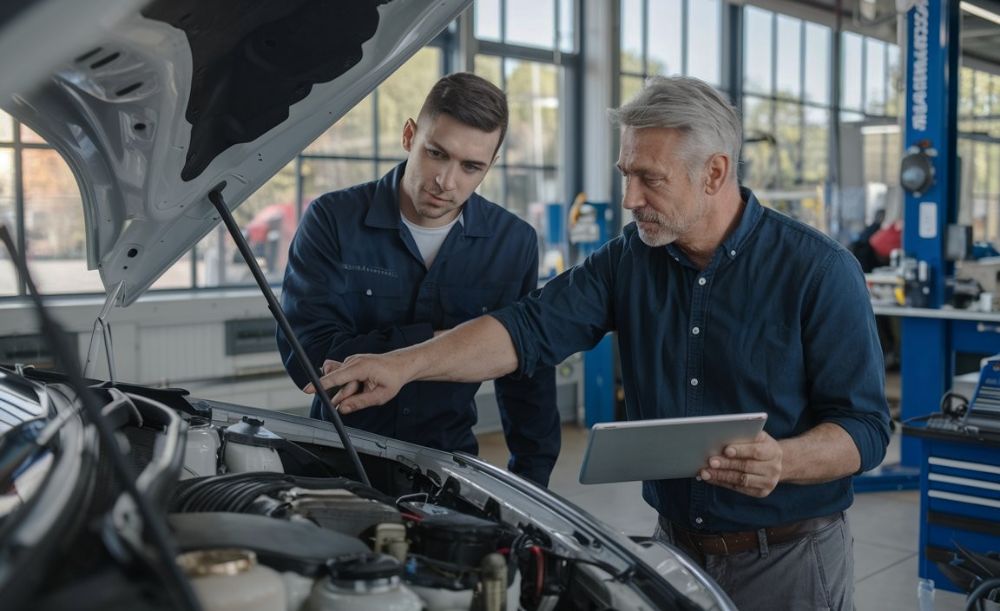 Dingman Mechanical Technicians looking at power steering in vehicle in shop Dingman-Mechanical-Technicians-looking-at-power-steering-in-vehicle-in-shop